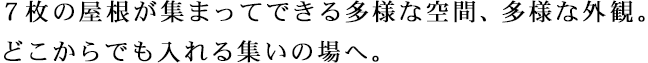 ７枚の屋根が集まってできる多様な空間、多様な外観。どこからでも入れる集いの場へ。